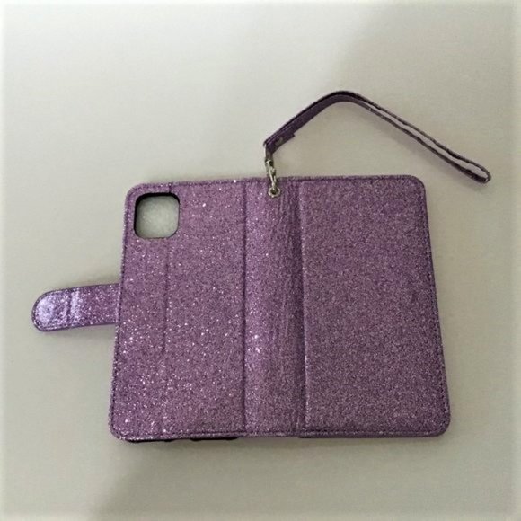 PHONE 11 6.1" GILTTER PURPLE FLIP WALLET WRIST STRAP CARD HOLDER - Picture 12 of 16